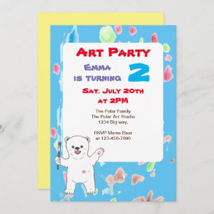 Cute Polar bear kids Art Birthday Party Invitation