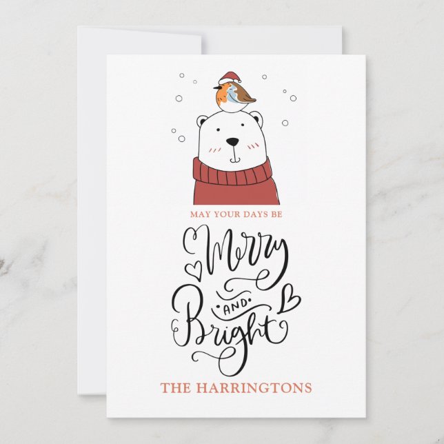 Cute Polar Bear Merry And Bright Christmas Holiday Card (Front)