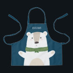 Cute Polar Bear Modern Kids Blue Apron<br><div class="desc">This cute apron features a simple, adorable white bear over a custom color background (shown in blue). He's wearing a green scarf and is opening his arms, ready for a hug! A text template is included for personalization, making this apron a unique gift! Perfect for holiday season baking with kids!...</div>