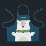 Cute Polar Bear Modern Kids Blue Apron<br><div class="desc">This cute apron features a simple, adorable white bear over a custom color background (shown in blue). He's wearing a green scarf and is opening his arms, ready for a hug! A text template is included for personalization, making this apron a unique gift! Perfect for holiday season baking with kids!...</div>