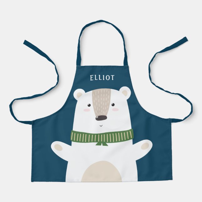 Cute Polar Bear Modern Kids Blue Apron (Front)