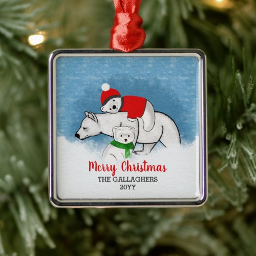 Cute Polar Bear Mom With Cubs Merry Christmas Metal Ornament