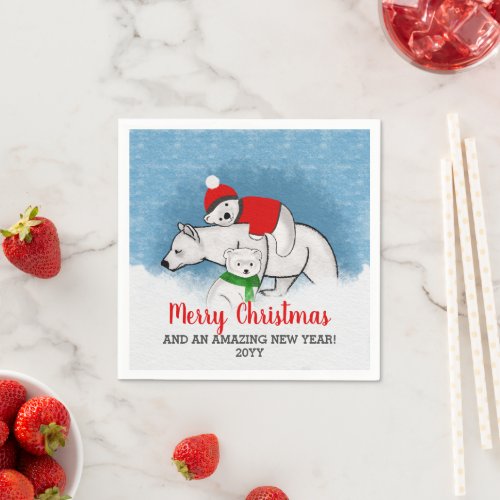 Cute Polar Bear Mom With Cubs Merry Christmas Napkins