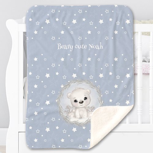 Cute Polar Bear Name Boy Blue Winter Warm  Sherpa Blanket