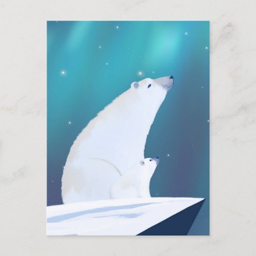 Cute Polar Bear Northern Light Winter  Postcard