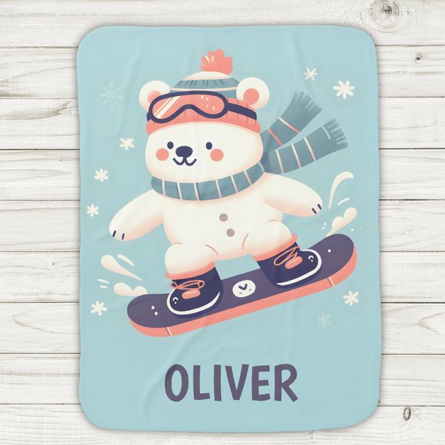 Cute Polar Bear on a Snowboard Personalized Baby Blanket (Creator Uploaded)