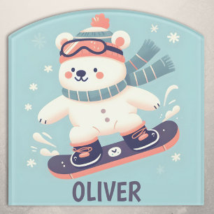 Cute Polar Bear on a Snowboard Personalized Door Sign