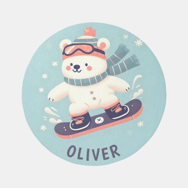 Cute Polar Bear on a Snowboard Personalized Rug (Front)