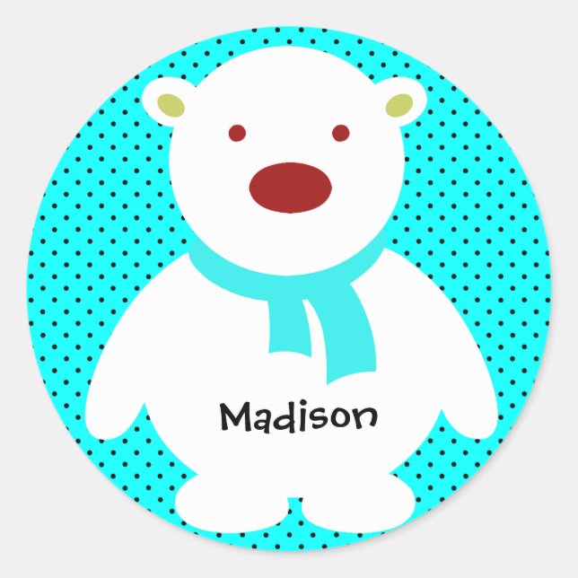 Cute Polar Bear on Aqua, Add Name Classic Round Sticker (Front)