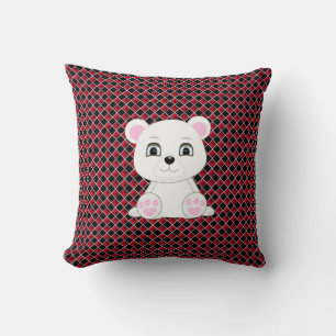 Cute polar bear on black and red diamond pattern throw pillow