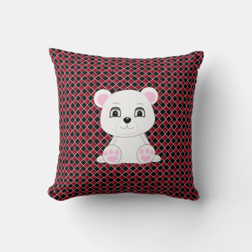 Cute polar bear on black and red diamond pattern throw pillow