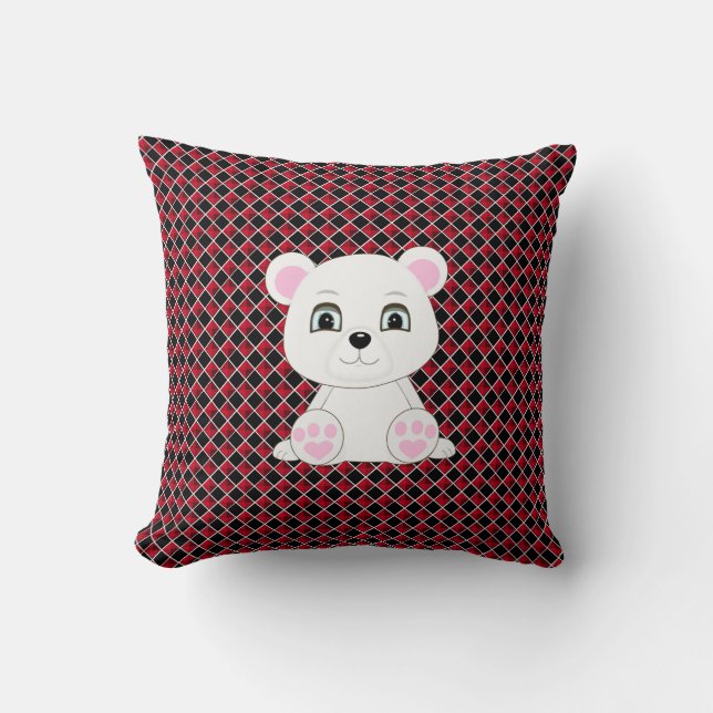 Cute polar bear on black and red diamond pattern throw pillow (Front)