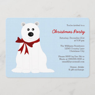 Cute Polar Bear on Ice Blue Christmas Party Invitation