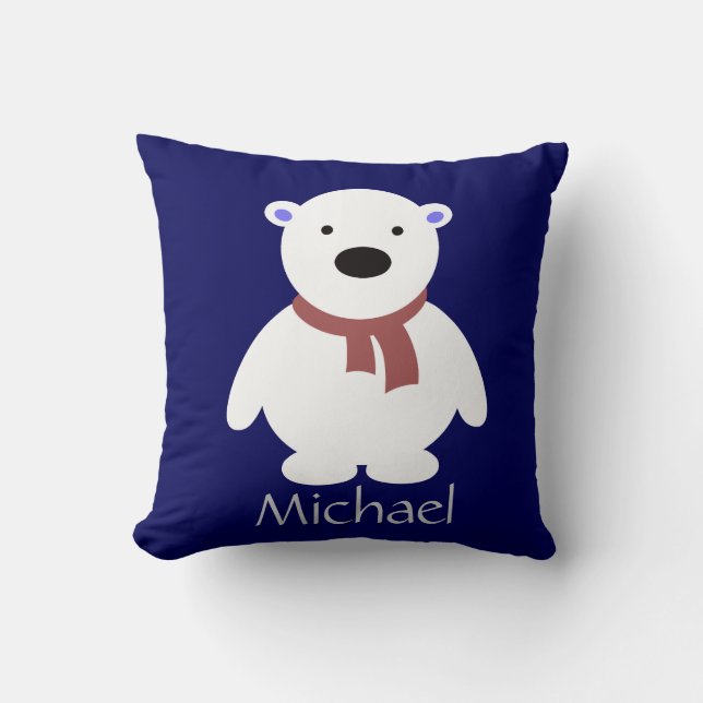 Cute Polar Bear on Navy Pillow, Add Name Throw Pillow (Front)