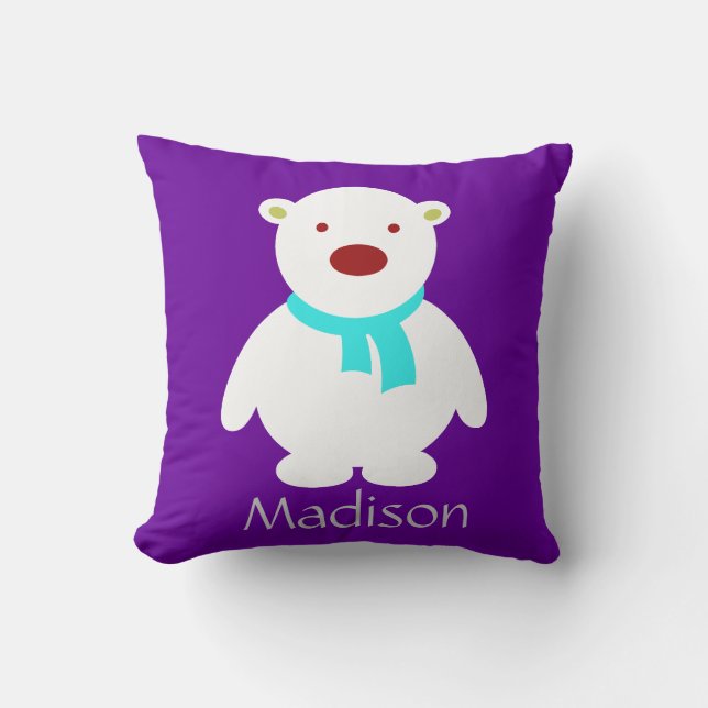 Cute Polar Bear on Purple & Aqua Pillow, Add Name Throw Pillow (Front)