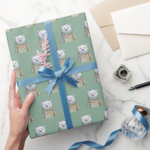 Cute Polar Bear on Sage Green Christmas Pattern Wrapping Paper