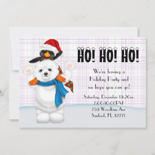 Cute Polar Bear  Penguin Christmas Party Invitation