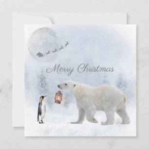 Cute Polar Bear Penguin Santa Winter Christmas Holiday Card