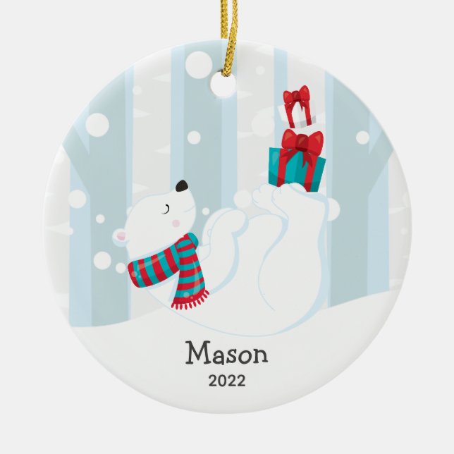 Cute Polar Bear Personalized Christmas Ornament (Front)