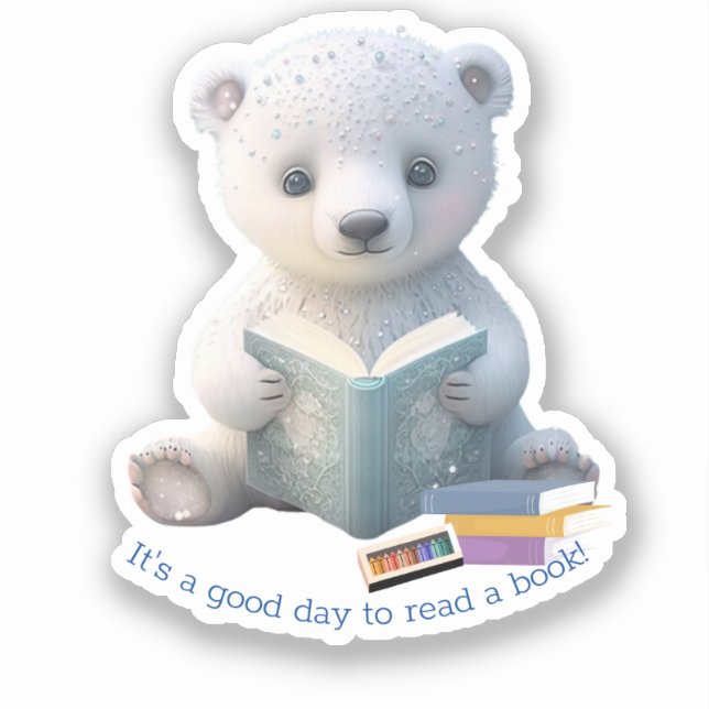 Cute Polar Bear reading a book Custom Cut Vinyl Sticker (Front)