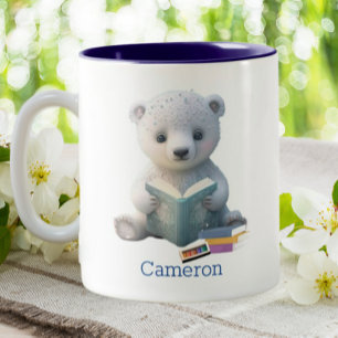 Cute Polar Bear Reading a Book Personalized Two-Tone Coffee Mug