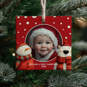Cute Polar Bear Red First Christmas Baby Photo Ceramic Ornament