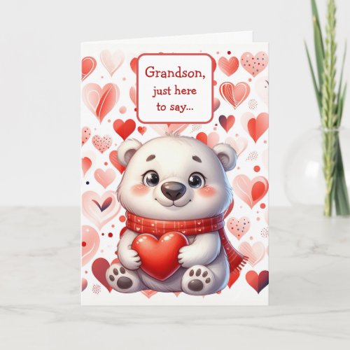 Cute Polar Bear Red Heart Grandson Valentine Holiday Card