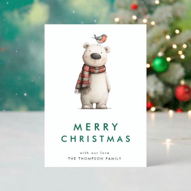 Cute Polar Bear Robin Merry Christmas  Letterpress Photo Cards (Front (Into))