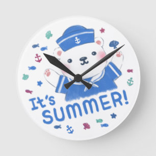 Cute Polar Bear Sailor in Summer Illustration Round Clock