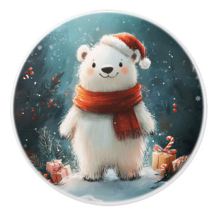 Cute Polar Bear Santa Hat and Scarf Art Ceramic Knob