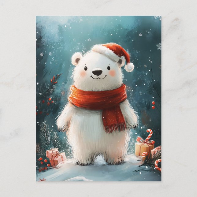 Cute Polar Bear Santa Hat and Scarf Art Postcard (Front)