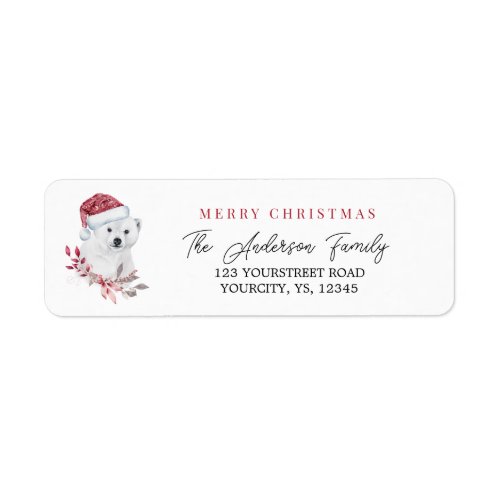 Cute polar bear santa hat Merry Christmas animal Label