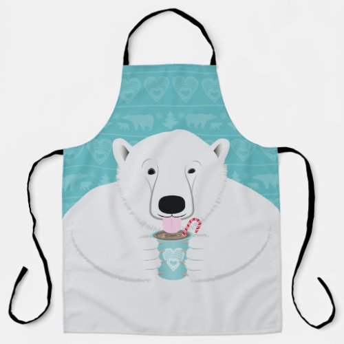 Cute Polar Bear Sipping Cocoa Illustration on Teal Apron