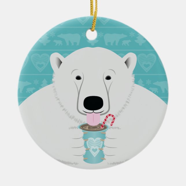 Cute Polar Bear Sips Hot Chocolate on Teal Ceramic Ornament (Front)