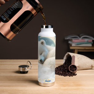 Cute Polar Bear Sleeping Moon Clouds Kids Name Water Bottle