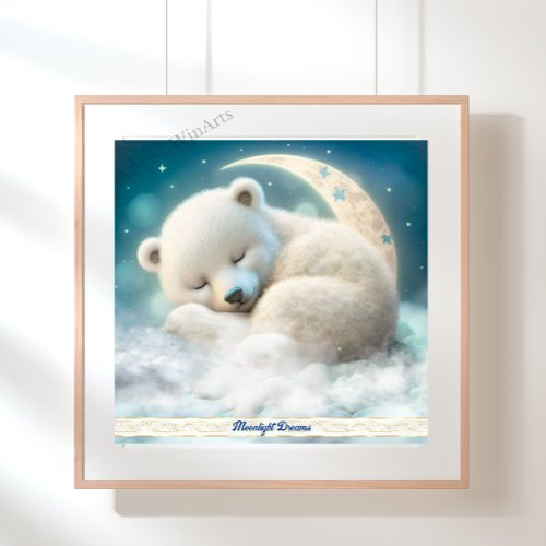 Cute Polar Bear Sleeping on the Moon in Clouds Art Poster