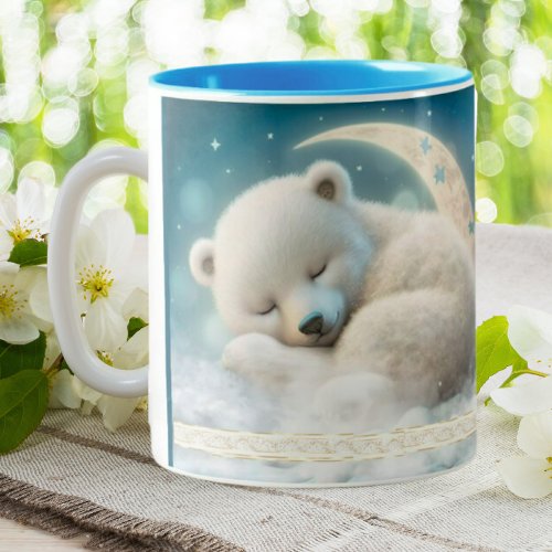 Cute Polar Bear Sleeping on the Moon Personalized Two_Tone Coffee Mug