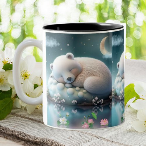 Cute Polar Bear sleeping Stars Moon Floral  Two_Tone Coffee Mug