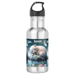 Cute Polar Bear sleeping Stars Moon Kids Name Stainless Steel Water Bottle
