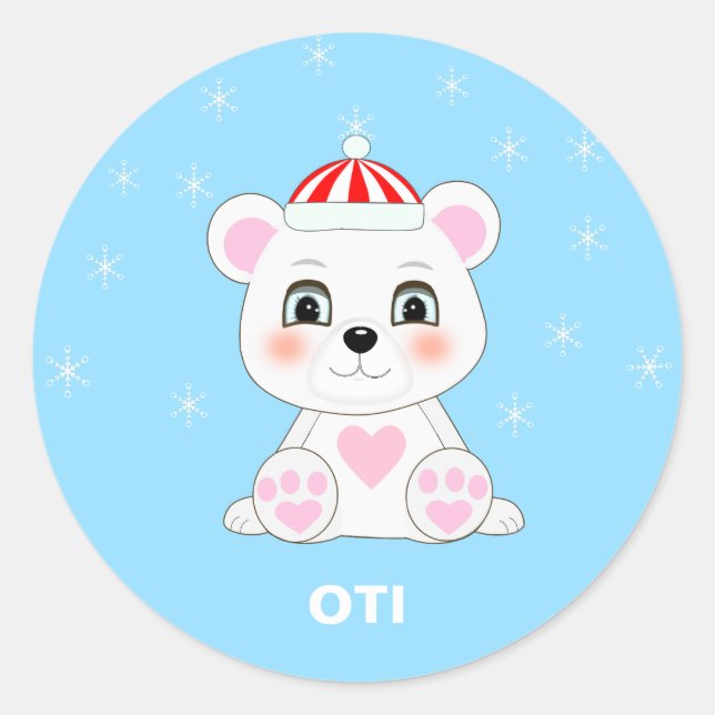 Cute Polar Bear & Snowflakes on Columbia Blue Classic Round Sticker (Front)