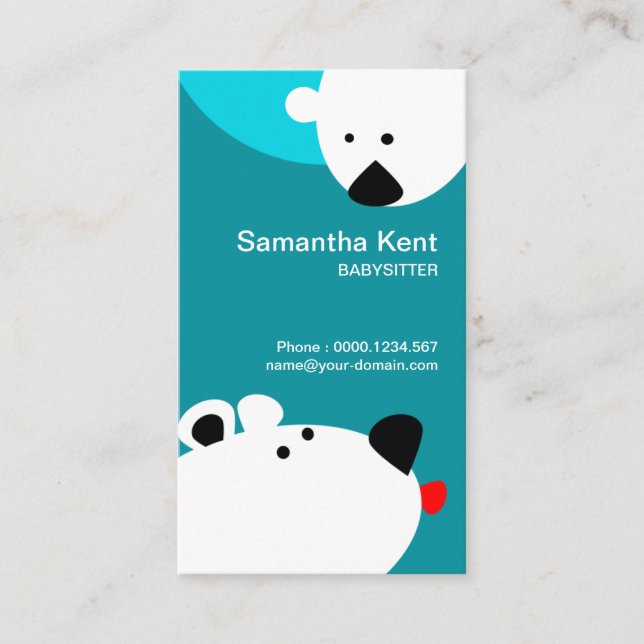 Cute Polar Bear Sticking  Out Tongue Babysitting Business Card (Front)