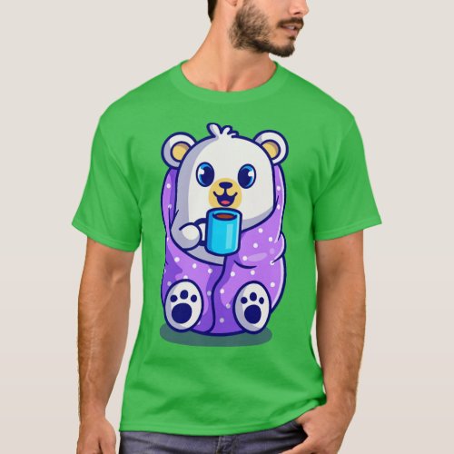 Cute Polar Bear Wearing Blanket And Drink Hot Coff T_Shirt