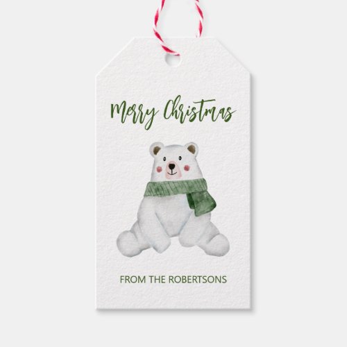 Cute Polar Bear Wearing Green Scarf Christmas Gift Tags