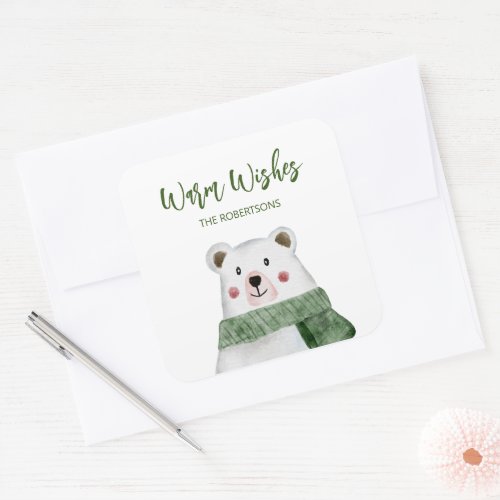 Cute Polar Bear Wearing Green Scarf Christmas Square Sticker