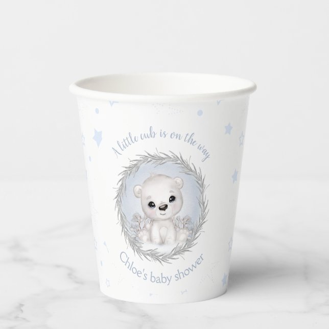 Cute Polar Bear White Winter Boy Baby Shower Paper Cups (Front)