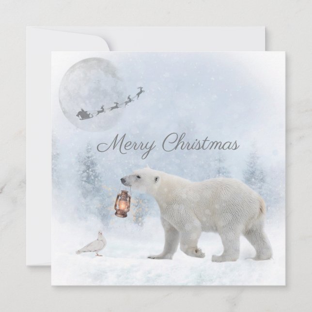 Cute Polar Bear Wild Pigeon Santa Winter Christmas Holiday Card (Front)