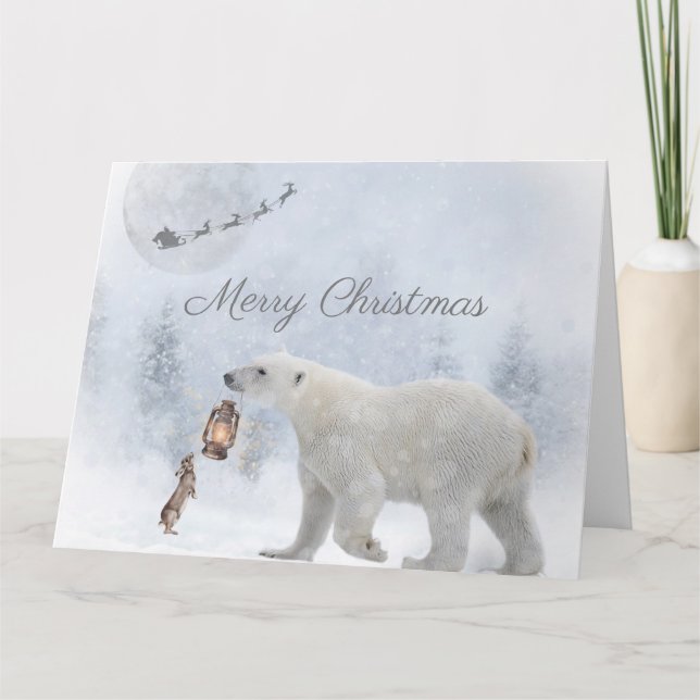 Cute Polar Bear Wild Rabbit Santa Winter Christmas Card (Front)