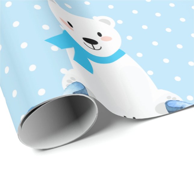 Cute Polar Bear Winter Baby Boy Blue Wrapping Paper (Roll Corner)