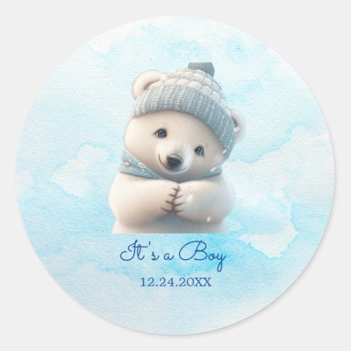 Cute Polar Bear Winter Blue Baby Shower Its Boy Classic Round Sticker