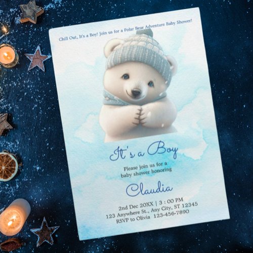Cute Polar Bear Winter Blue Baby Shower Its Boy Invitation